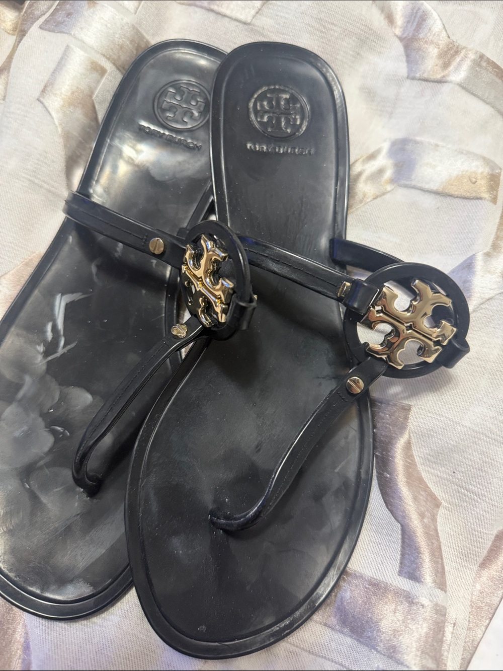 Tory Burch Black Jelly Logo Thong Sandals with Gold Emblem